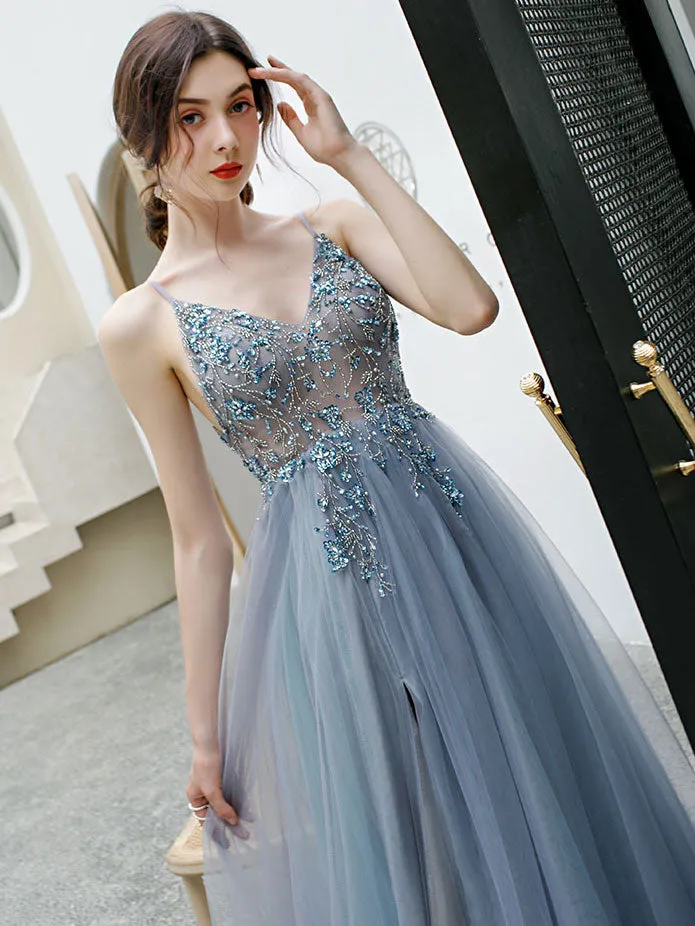 Gray blue v neck tulle beads long prom dress, gray tulle formal dress