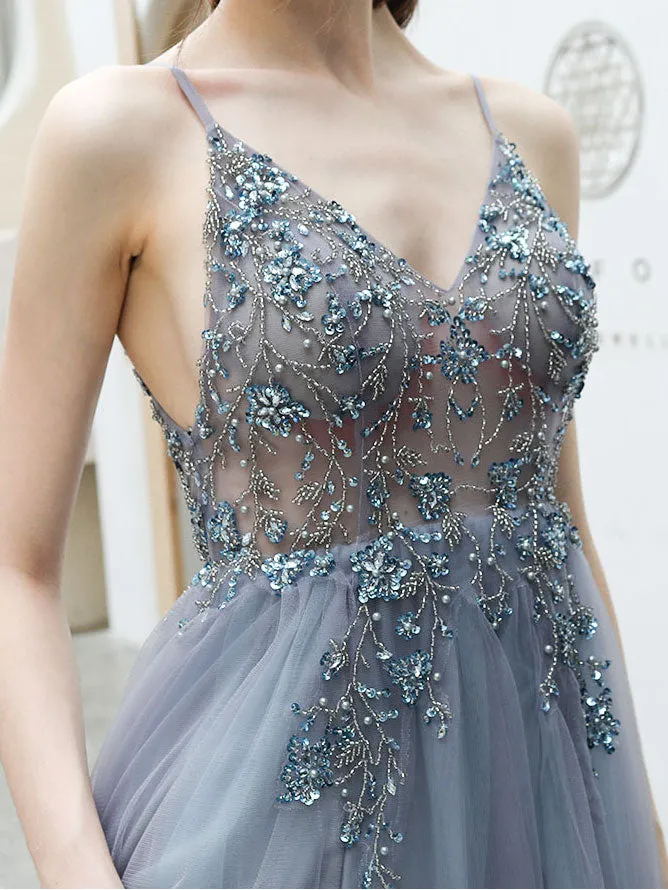 Gray blue v neck tulle beads long prom dress, gray tulle formal dress