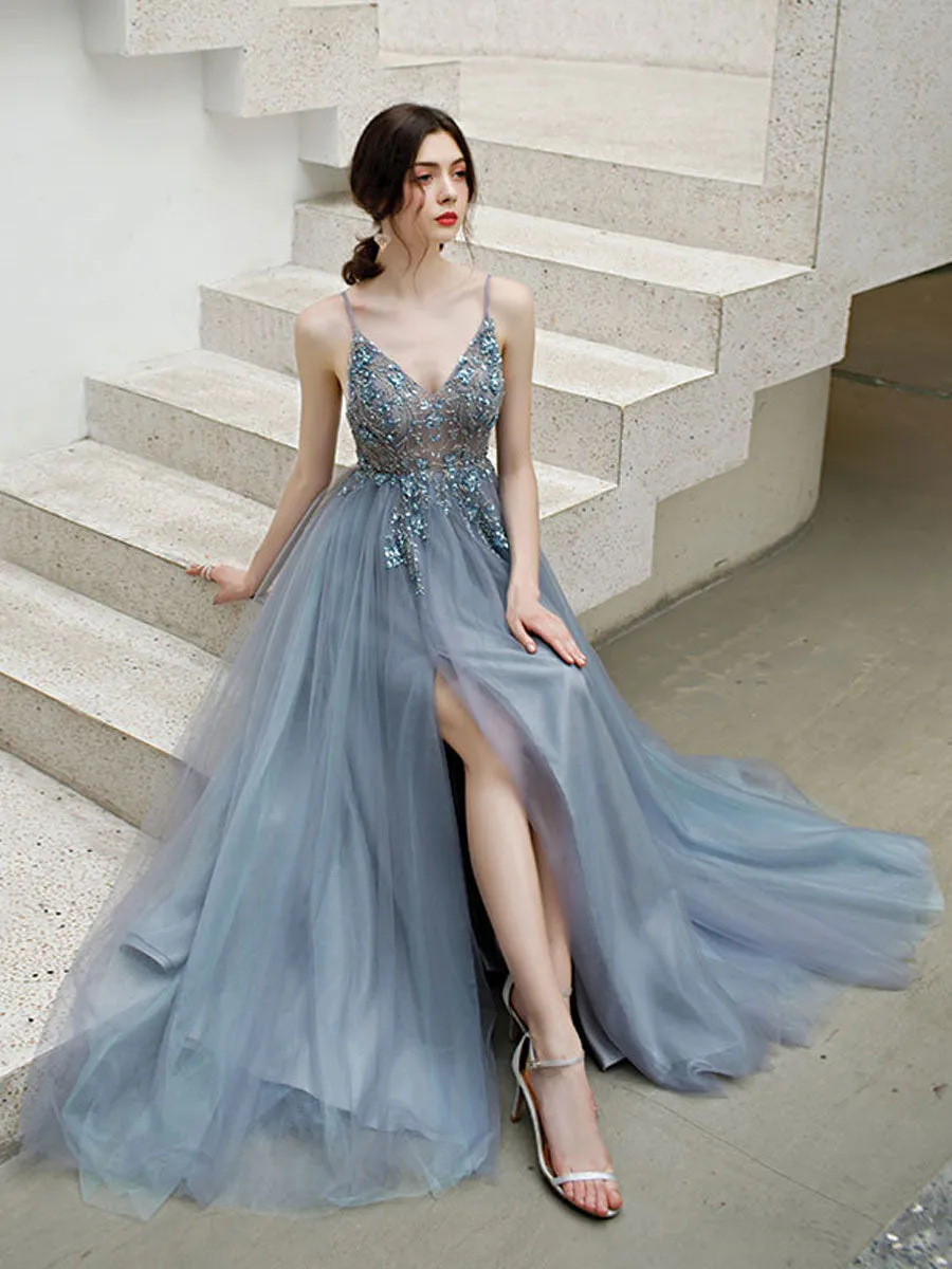 Gray blue v neck tulle beads long prom dress, gray tulle formal dress
