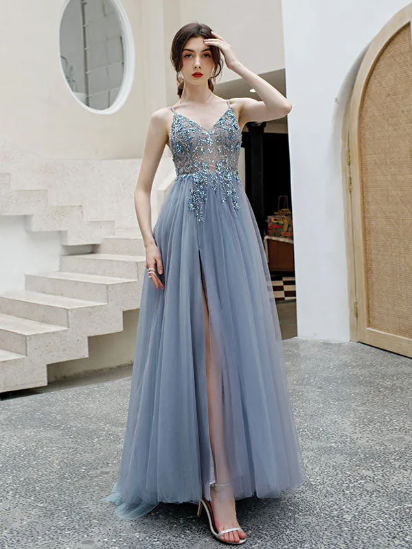 Gray blue v neck tulle beads long prom dress, gray tulle formal dress