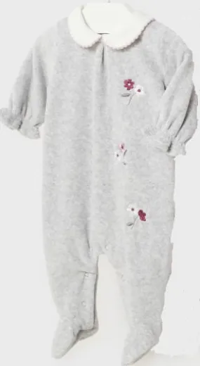 Grey Flowered Girl's Velour Footed Romper - Select Size