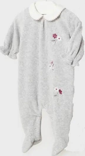 Grey Flowered Girl's Velour Footed Romper - Select Size