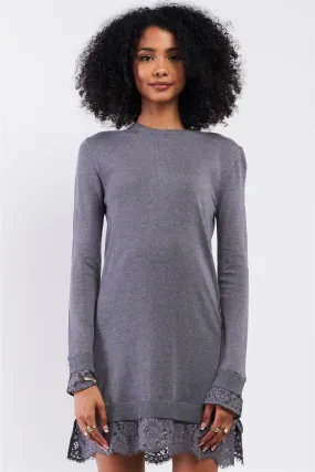 Grey Long Sleeve Mock Neck Relaxed Crochet Lace Hem Detail Sweater Mini Dress /3-3
