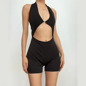 Halter solid v neck hollow out backless romper