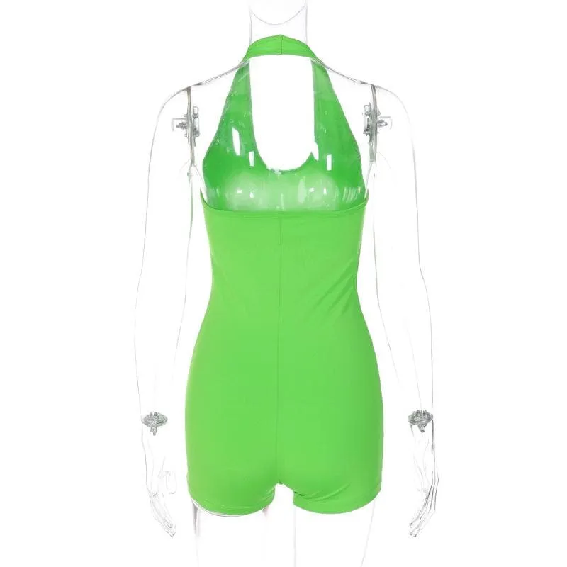 Halter u neck backless solid sleeveless romper