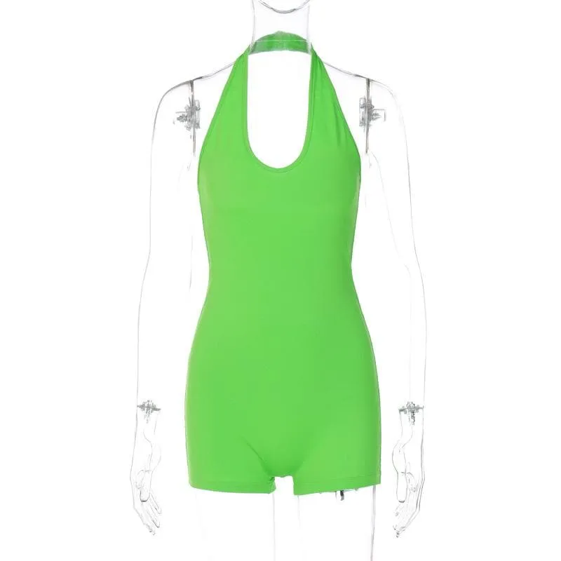 Halter u neck backless solid sleeveless romper