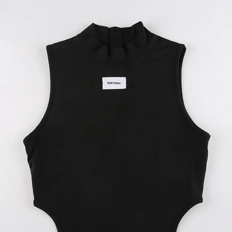 Hollow out sleeveless high neck solid zip-up romper