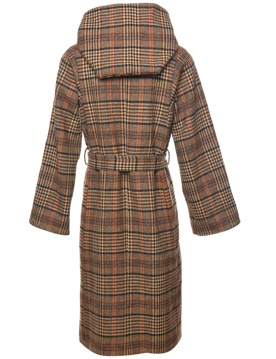 Hooded Checked Pattern Wool Coat - M