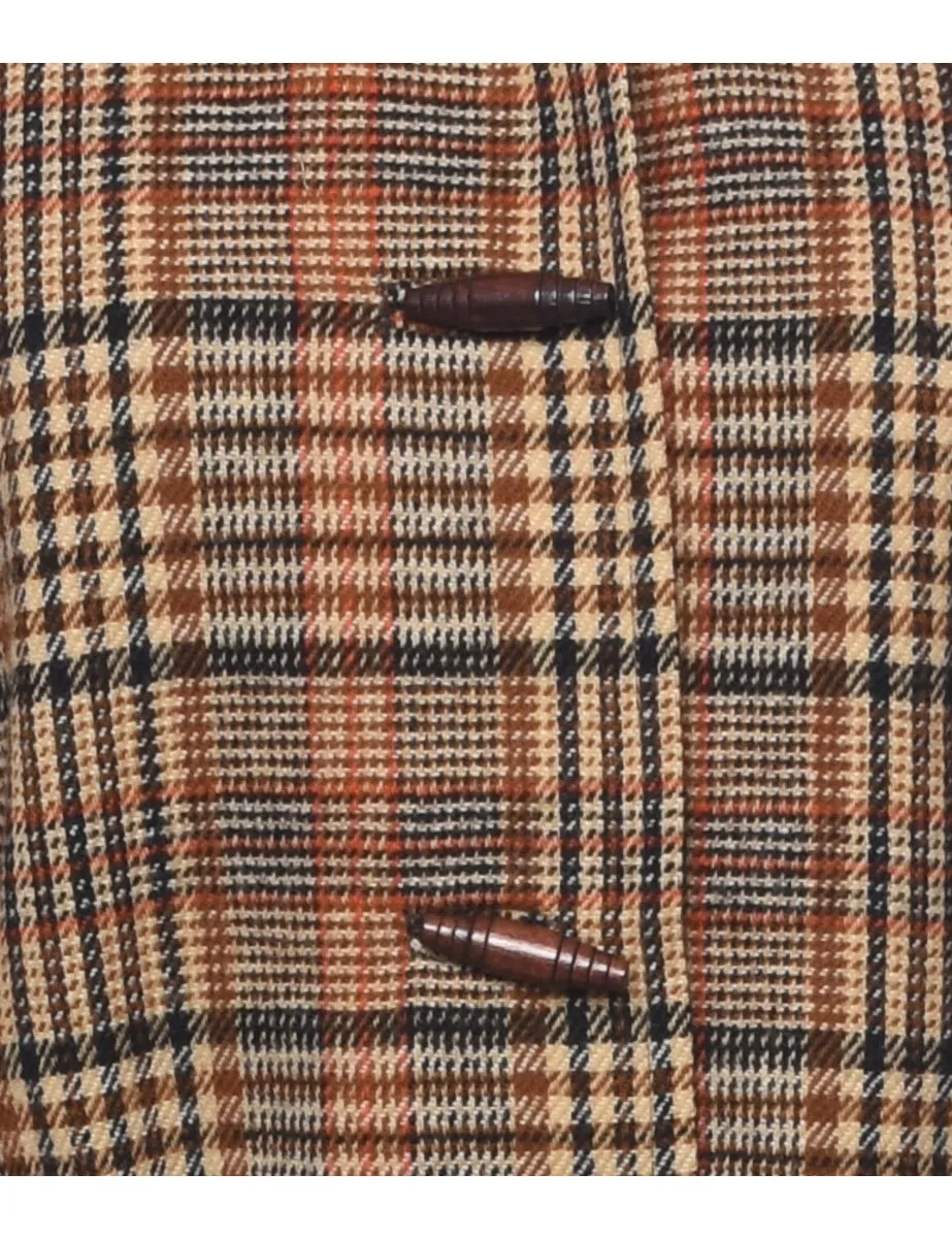 Hooded Checked Pattern Wool Coat - M