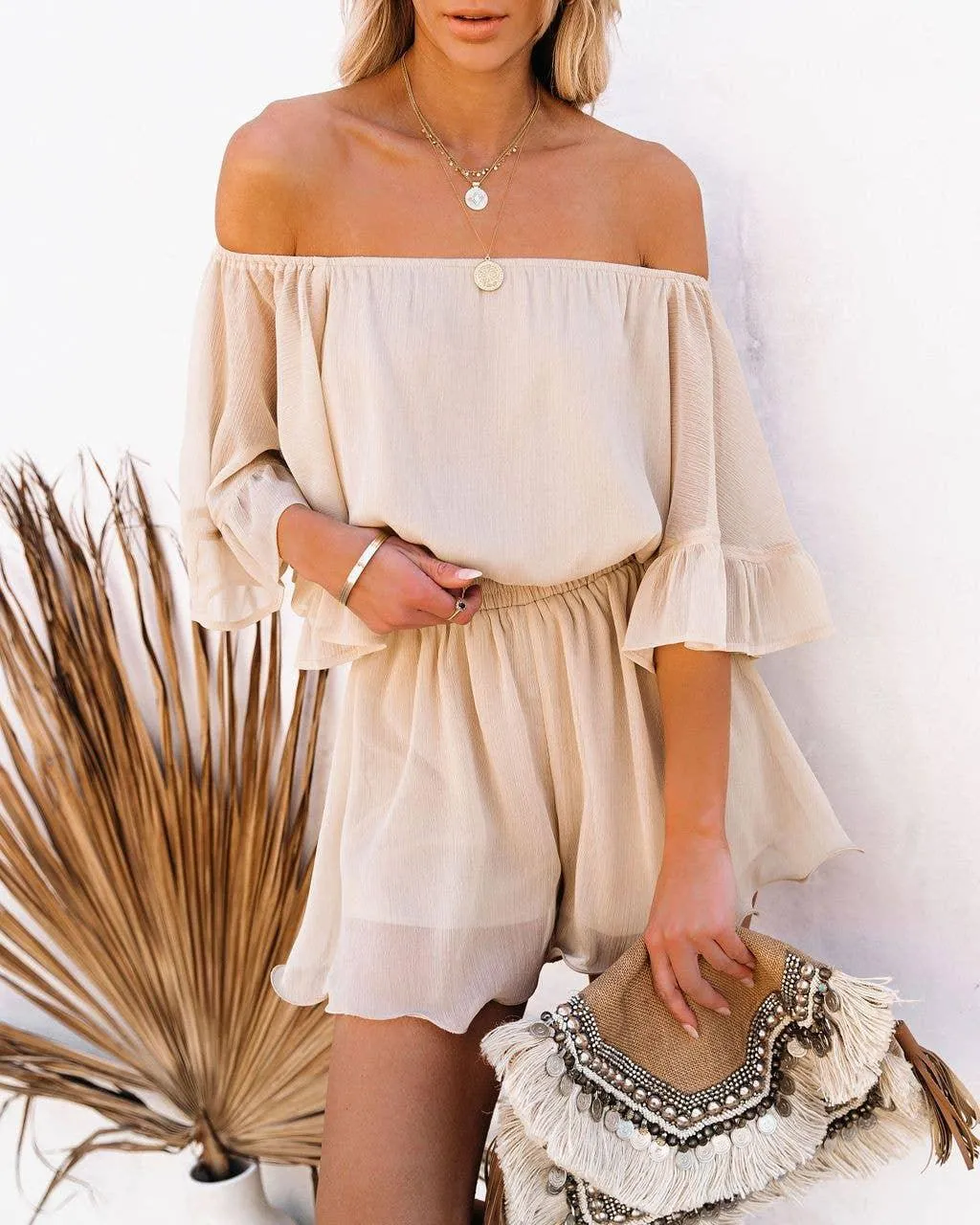 Ladies Off Shoulder Short Sleeves Daily Romper 1363