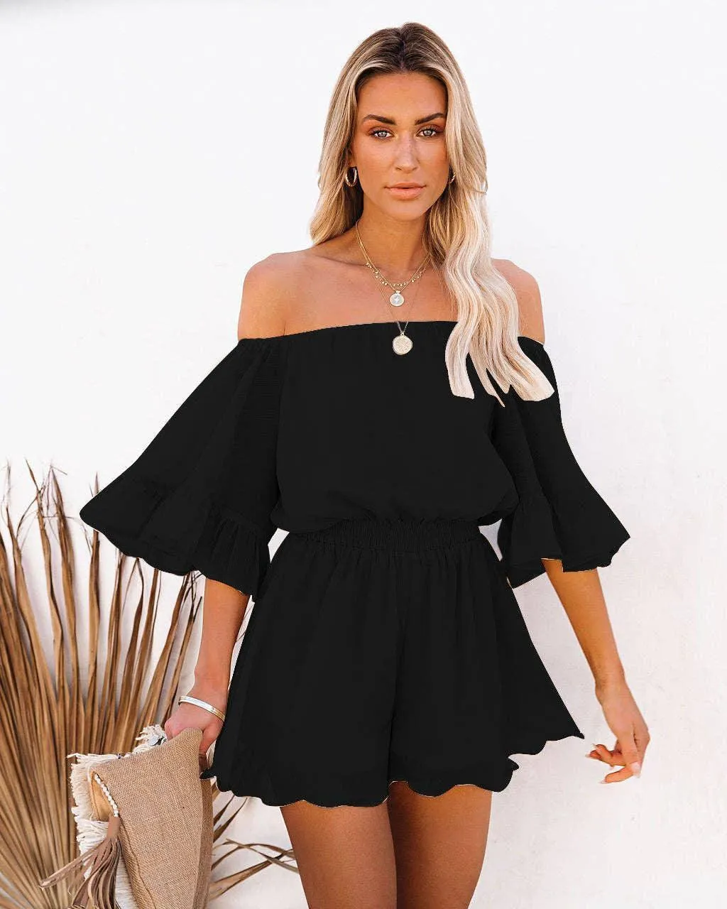 Ladies Off Shoulder Short Sleeves Daily Romper 1363