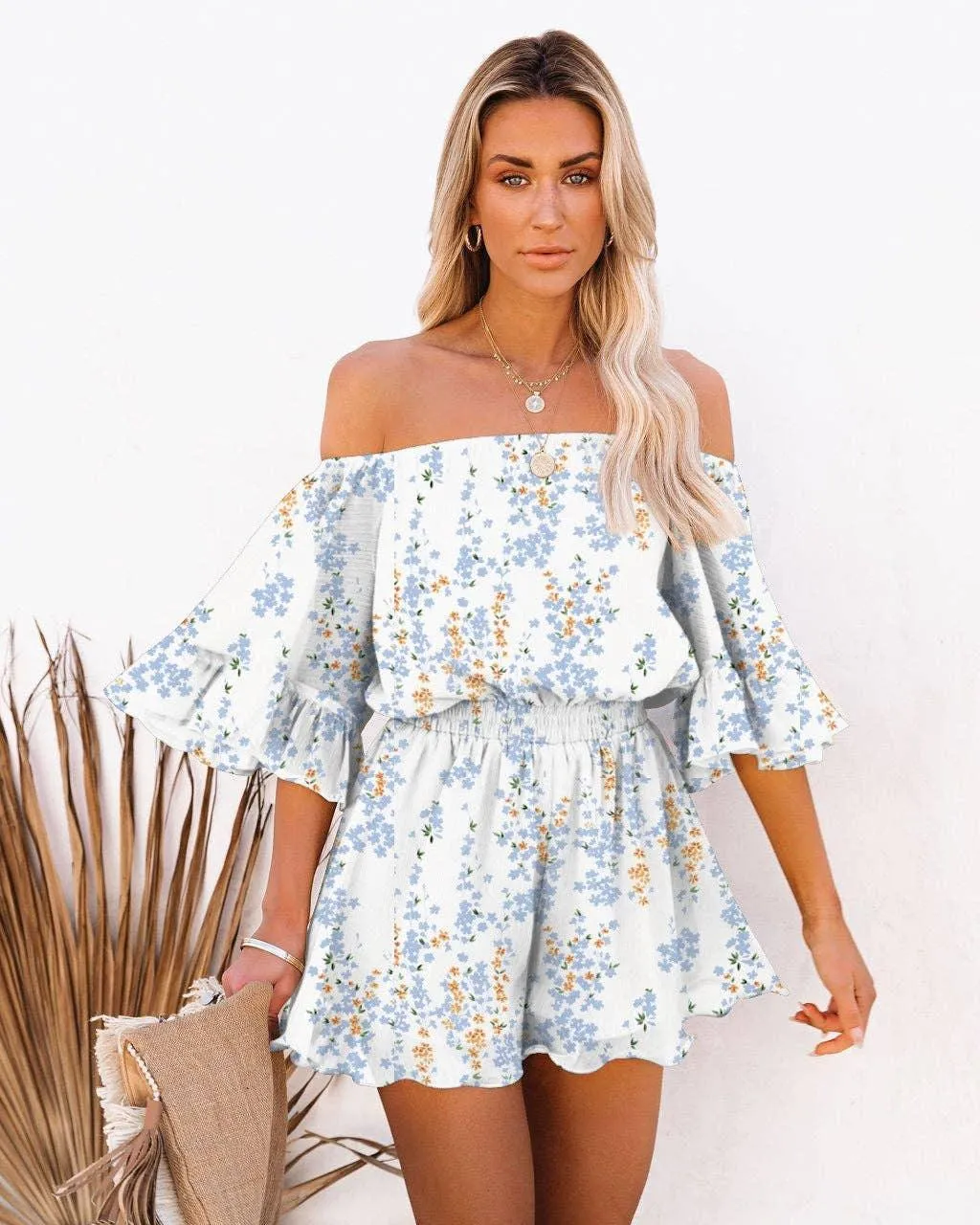 Ladies Off Shoulder Short Sleeves Daily Romper 1363