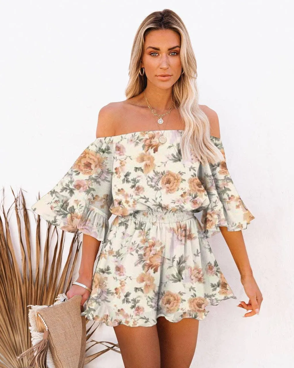 Ladies Off Shoulder Short Sleeves Daily Romper 1363