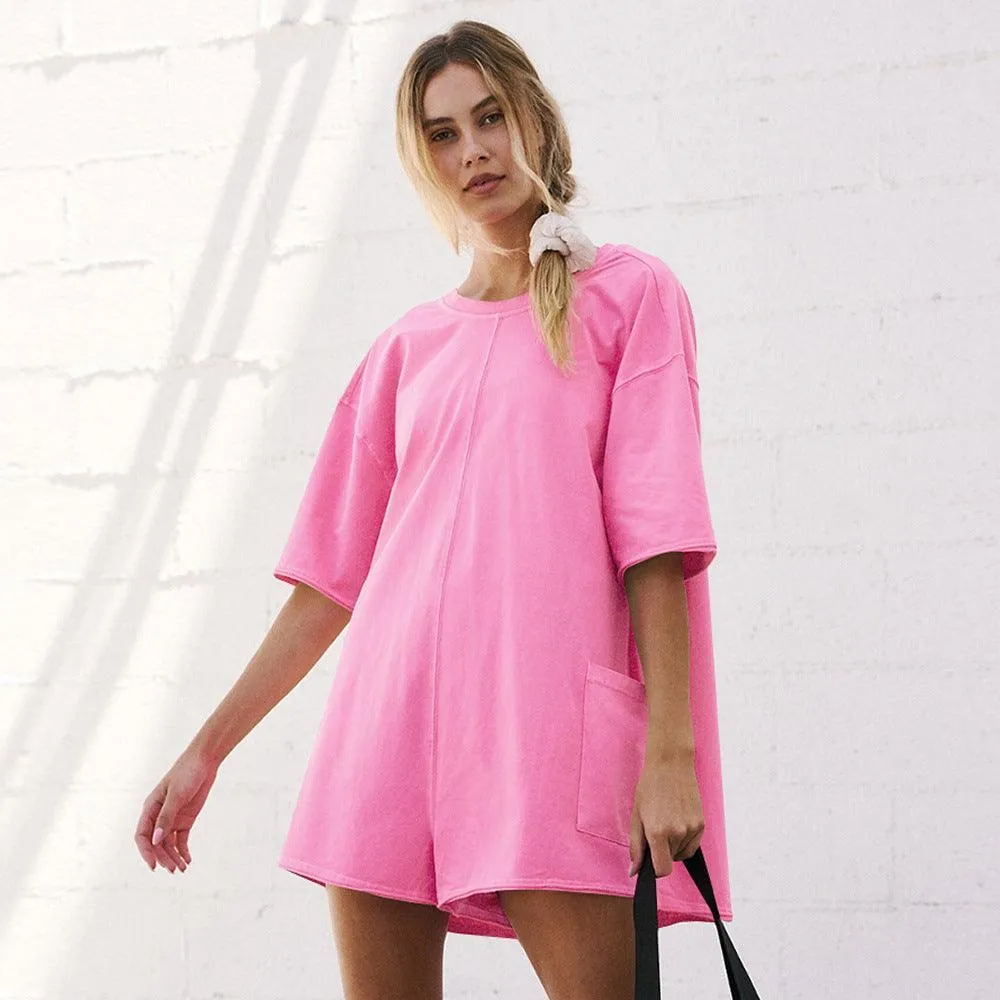 Ladies Solid Color Short Sleeves Romper EKBI