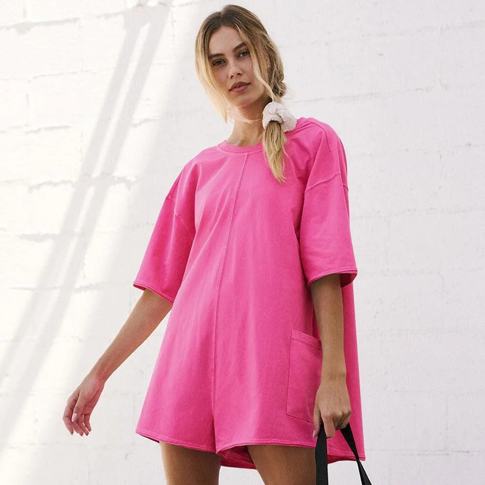 Ladies Solid Color Short Sleeves Romper EKBI