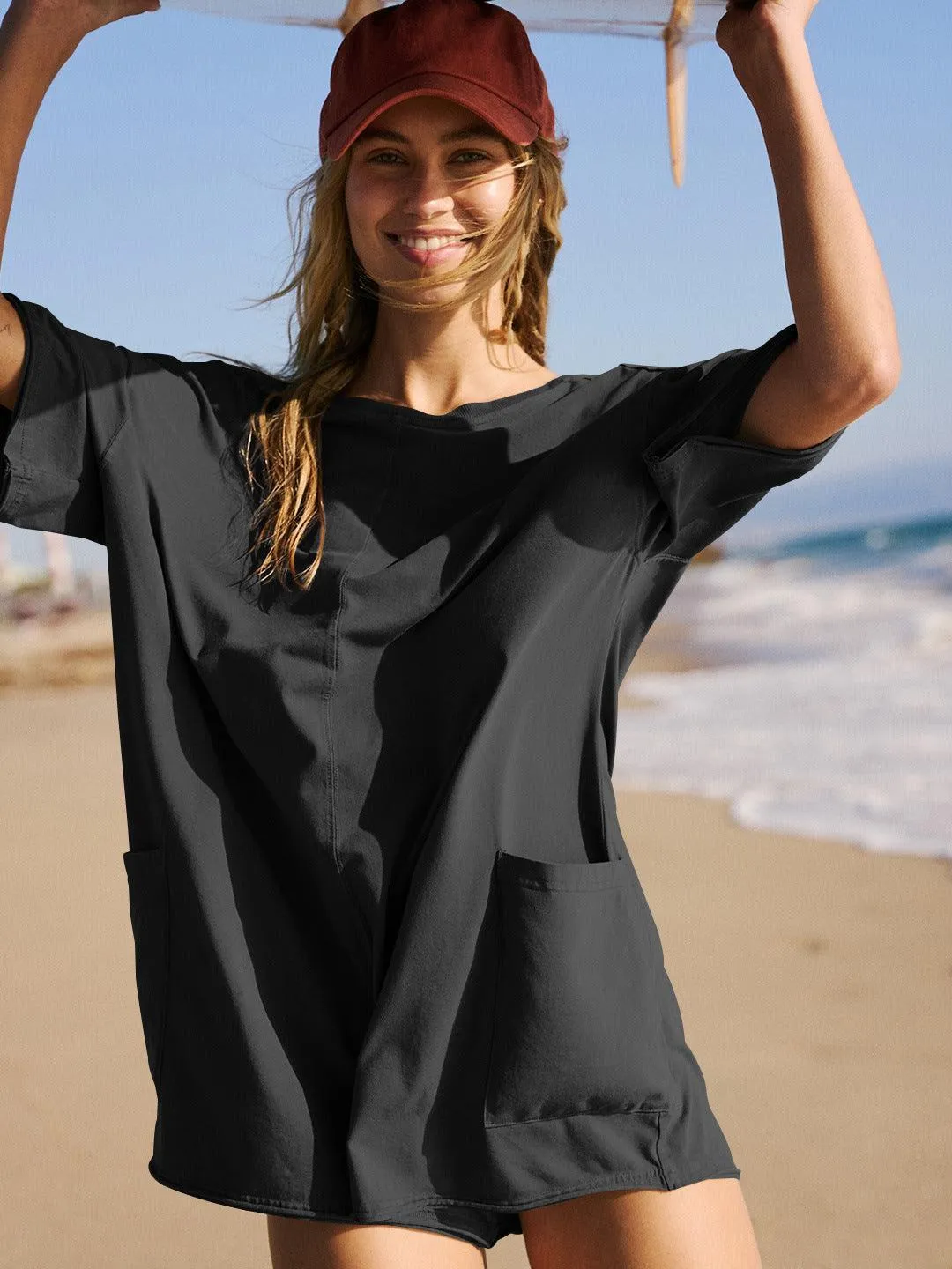 Ladies Solid Color Short Sleeves Romper EKBI