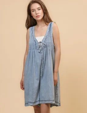 Ladies Tie Front V-Neck Sleeveless Denim Romper SKJ4676