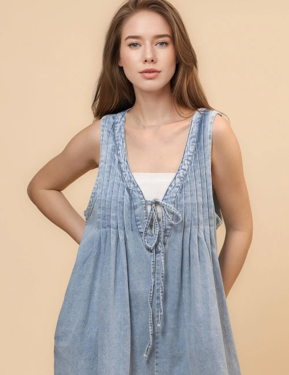Ladies Tie Front V-Neck Sleeveless Denim Romper SKJ4676