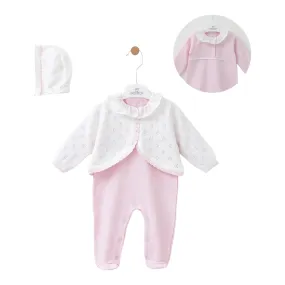 leo king - Girls 3 piece outfit, romper, cardigan and hat, pink