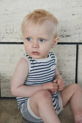 LIGHT KNITTED STRIPE ROMPER - CREAM/NAVY COMB.