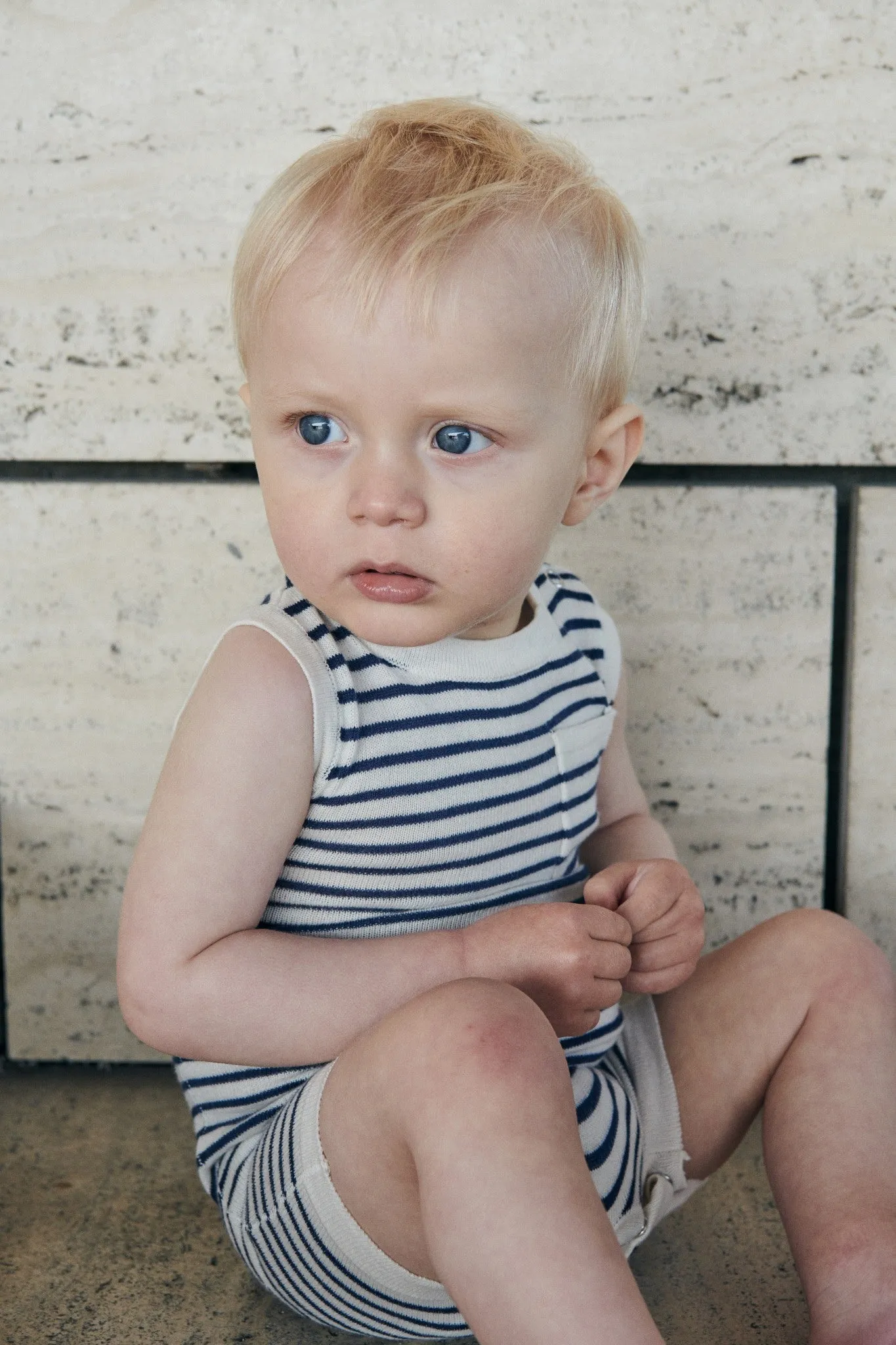 LIGHT KNITTED STRIPE ROMPER - CREAM/NAVY COMB.