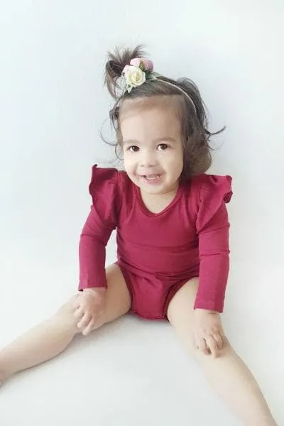 Long Sleeve Flutter Romper - Wine - 0000 to 2yrs