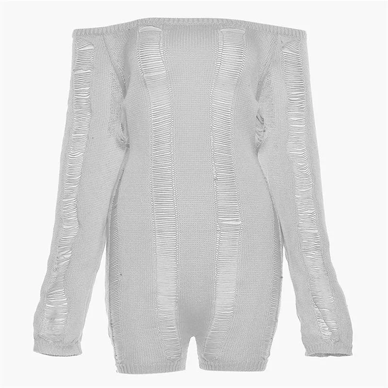 Long sleeve hollow out crochet off shoulder self tie backless romper