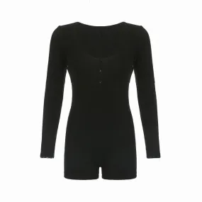 Long sleeve solid button u neck hollow out romper