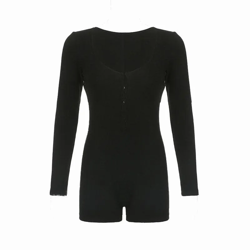 Long sleeve solid button u neck hollow out romper