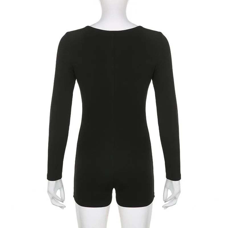 Long sleeve solid button u neck hollow out romper