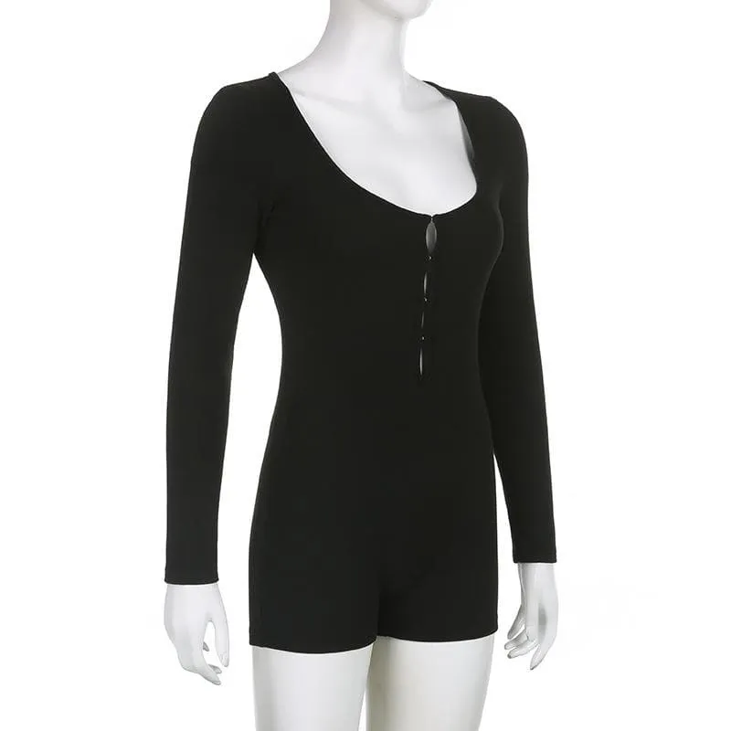 Long sleeve solid button u neck hollow out romper
