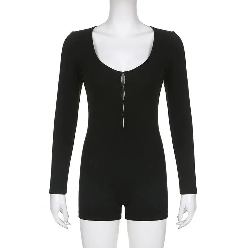 Long sleeve solid button u neck hollow out romper