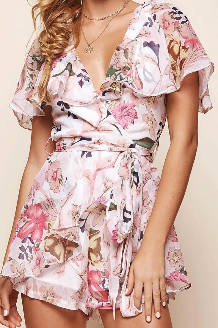 Marissa Batwing Sleeve Floral Romper White