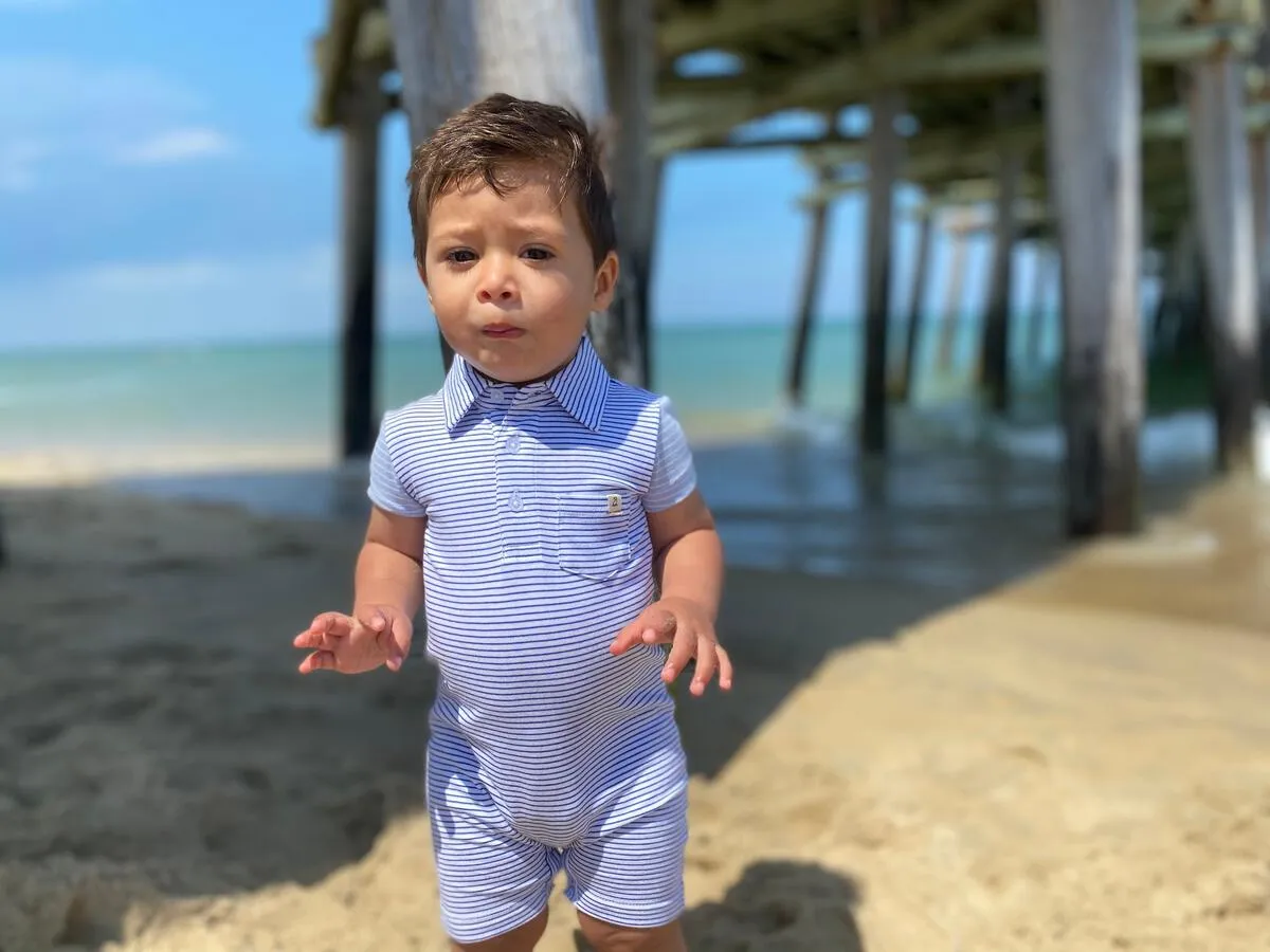 Me & Henry Saltash Polo Romper in Blue Stripe