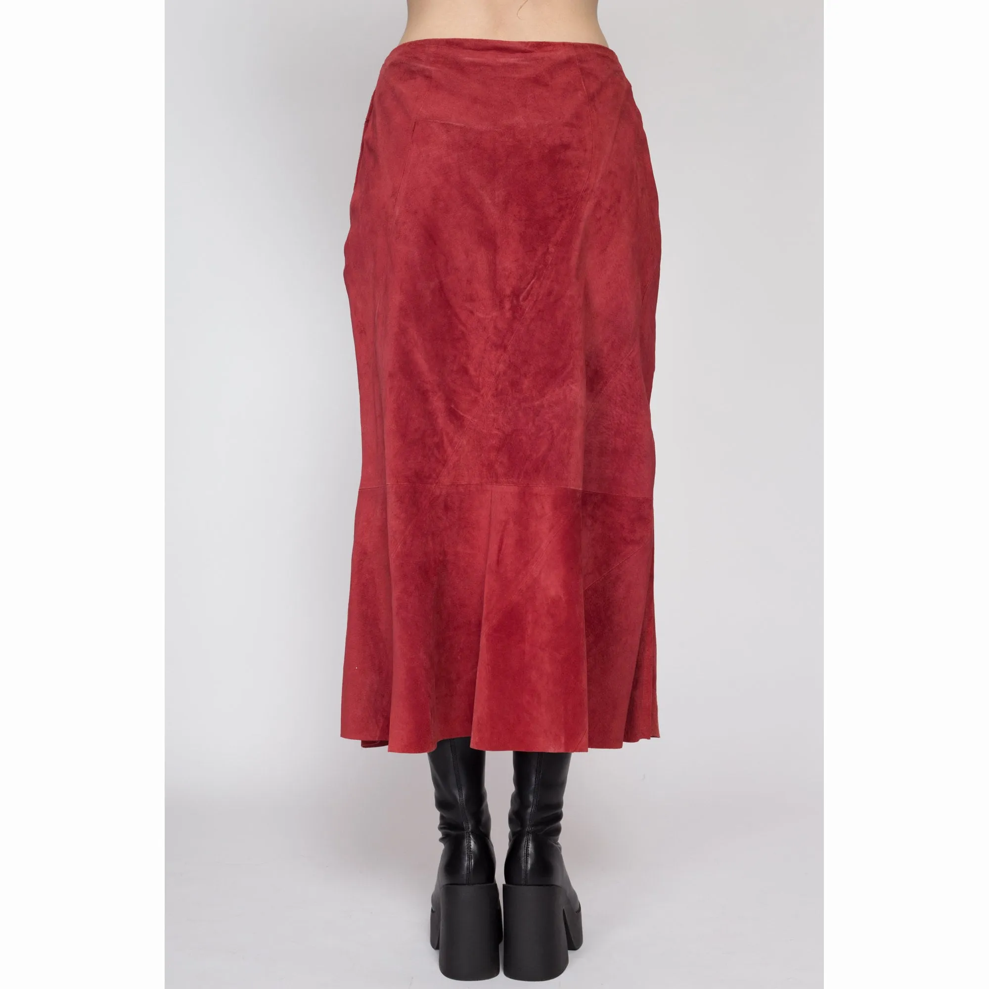 Medium 90s Boho Raspberry Red Suede Midi Skirt
