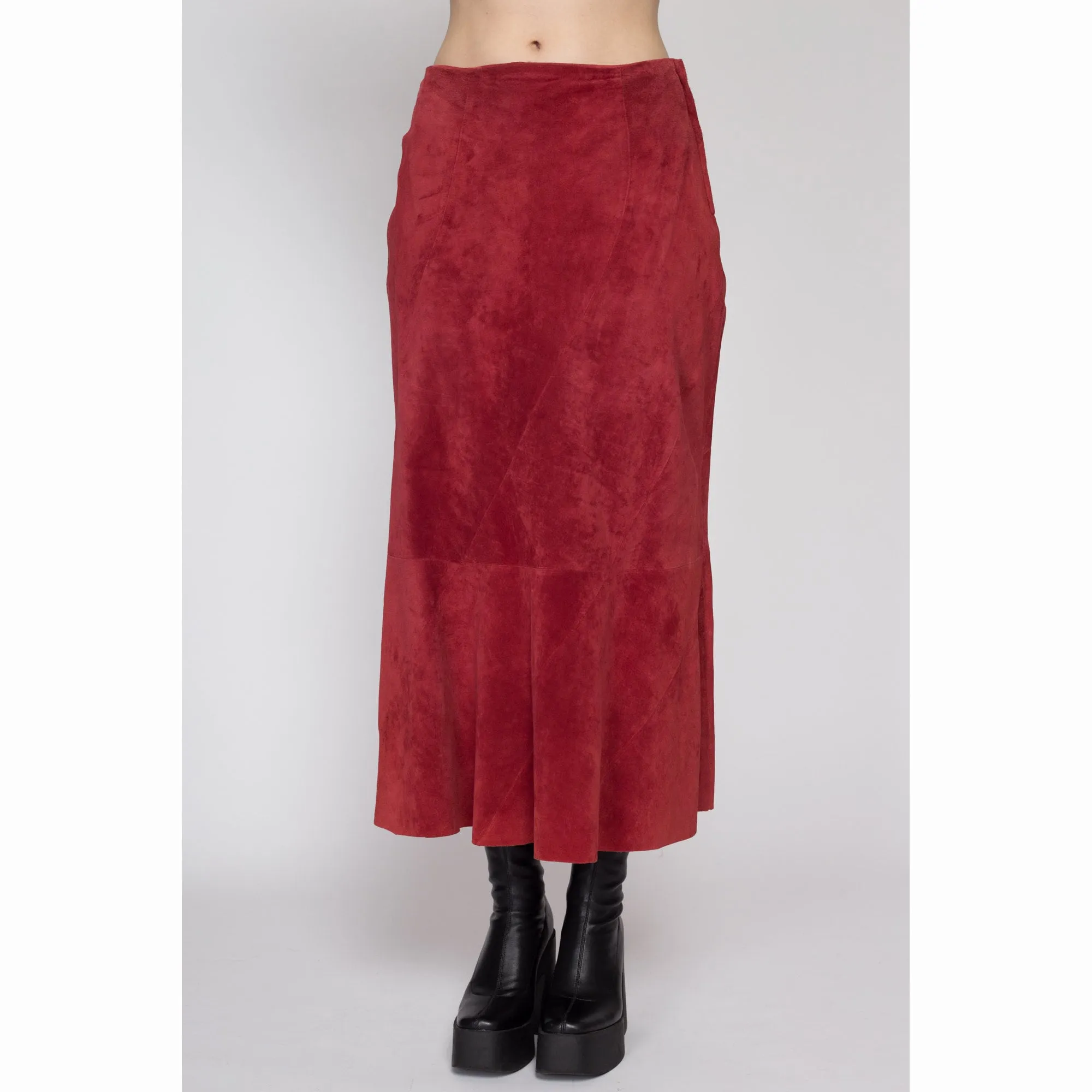 Medium 90s Boho Raspberry Red Suede Midi Skirt