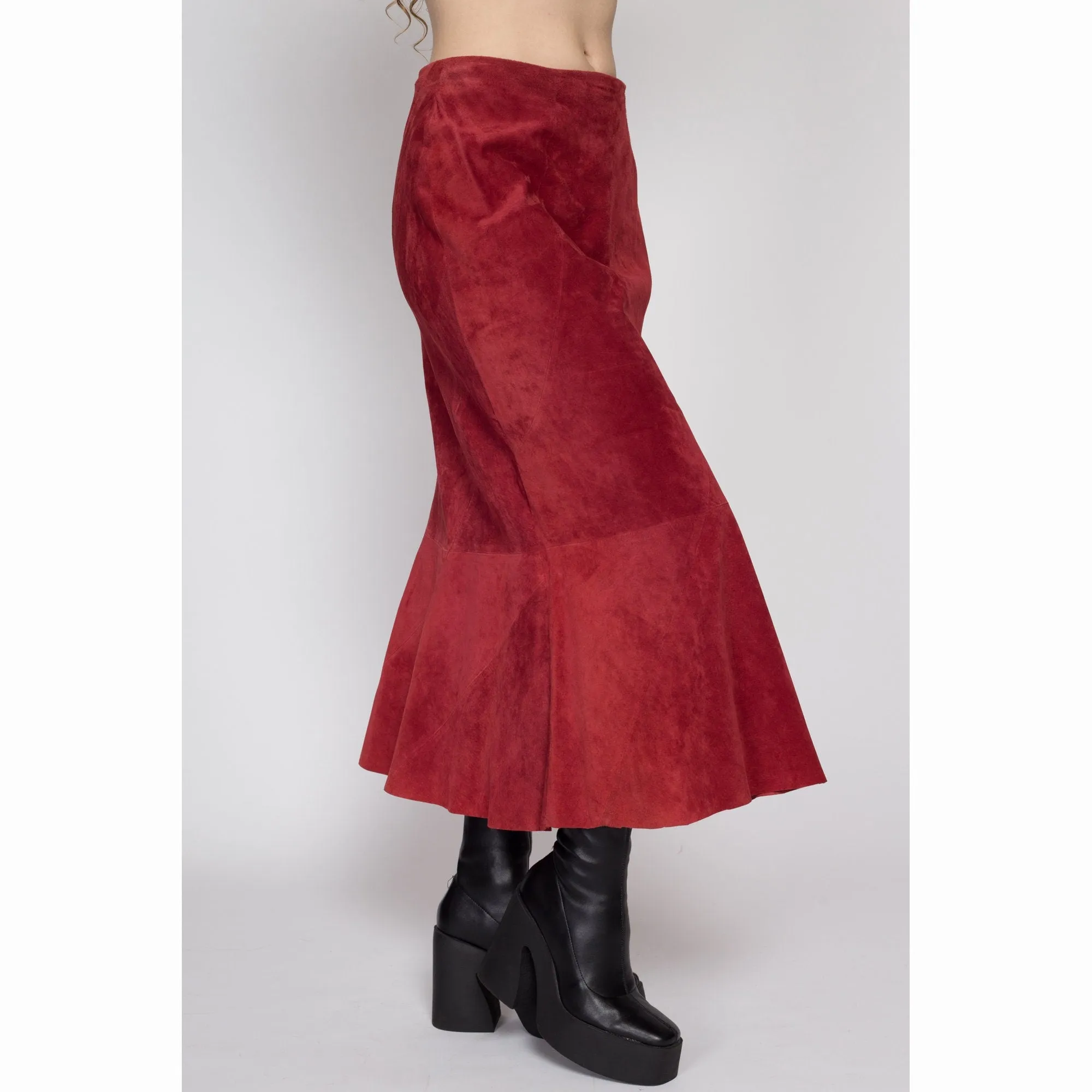 Medium 90s Boho Raspberry Red Suede Midi Skirt