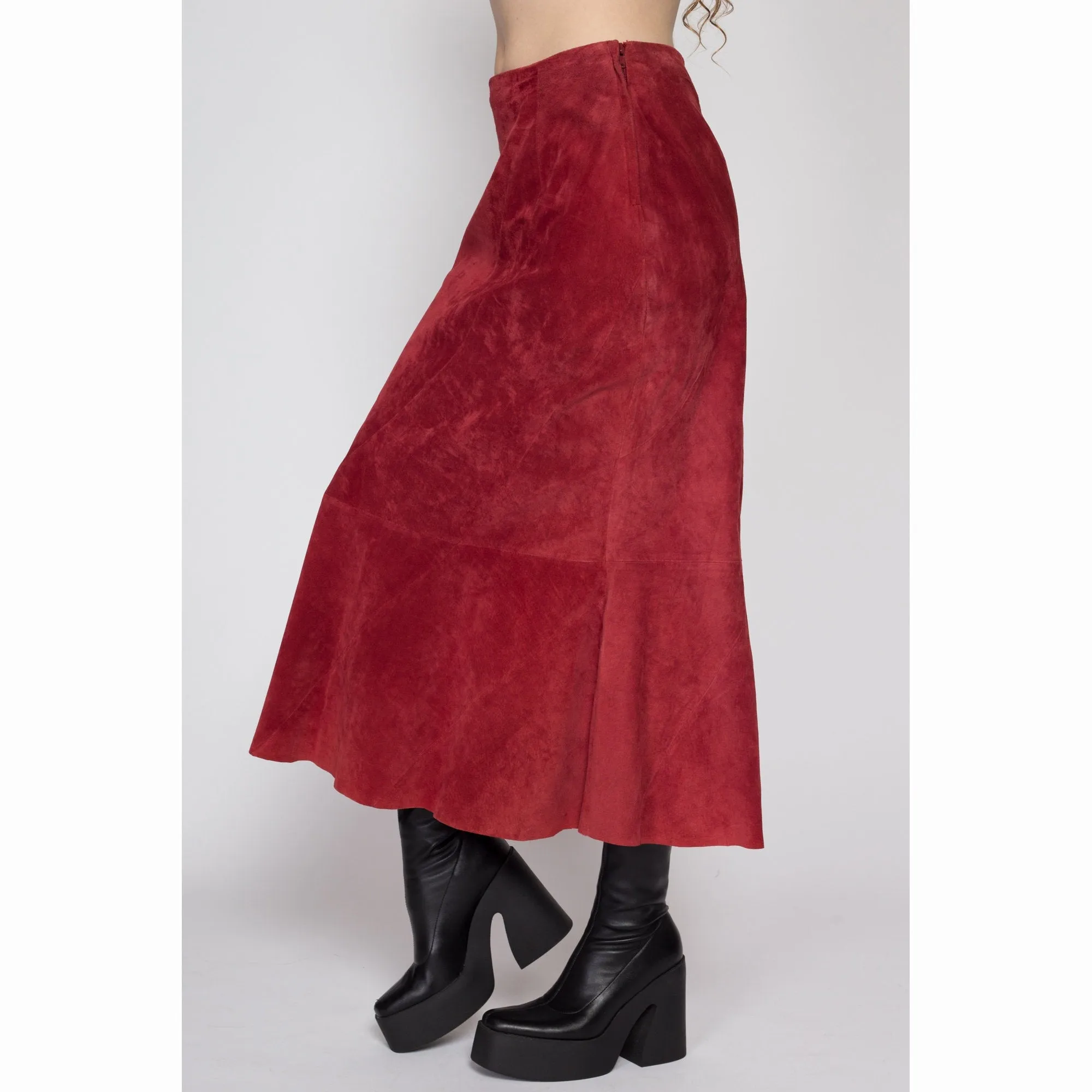 Medium 90s Boho Raspberry Red Suede Midi Skirt