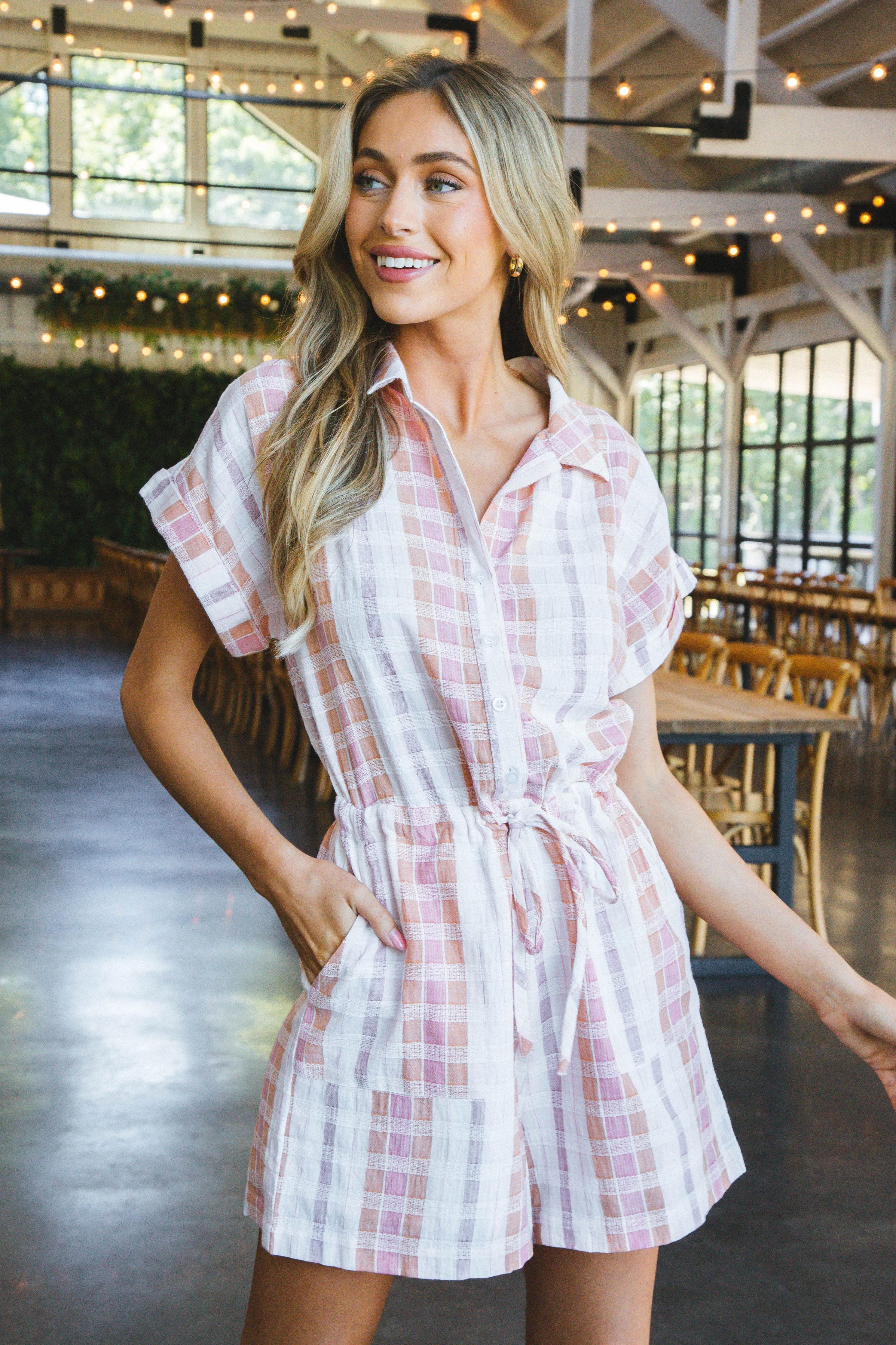Melanie Drawstring Waist Romper, Peach/White