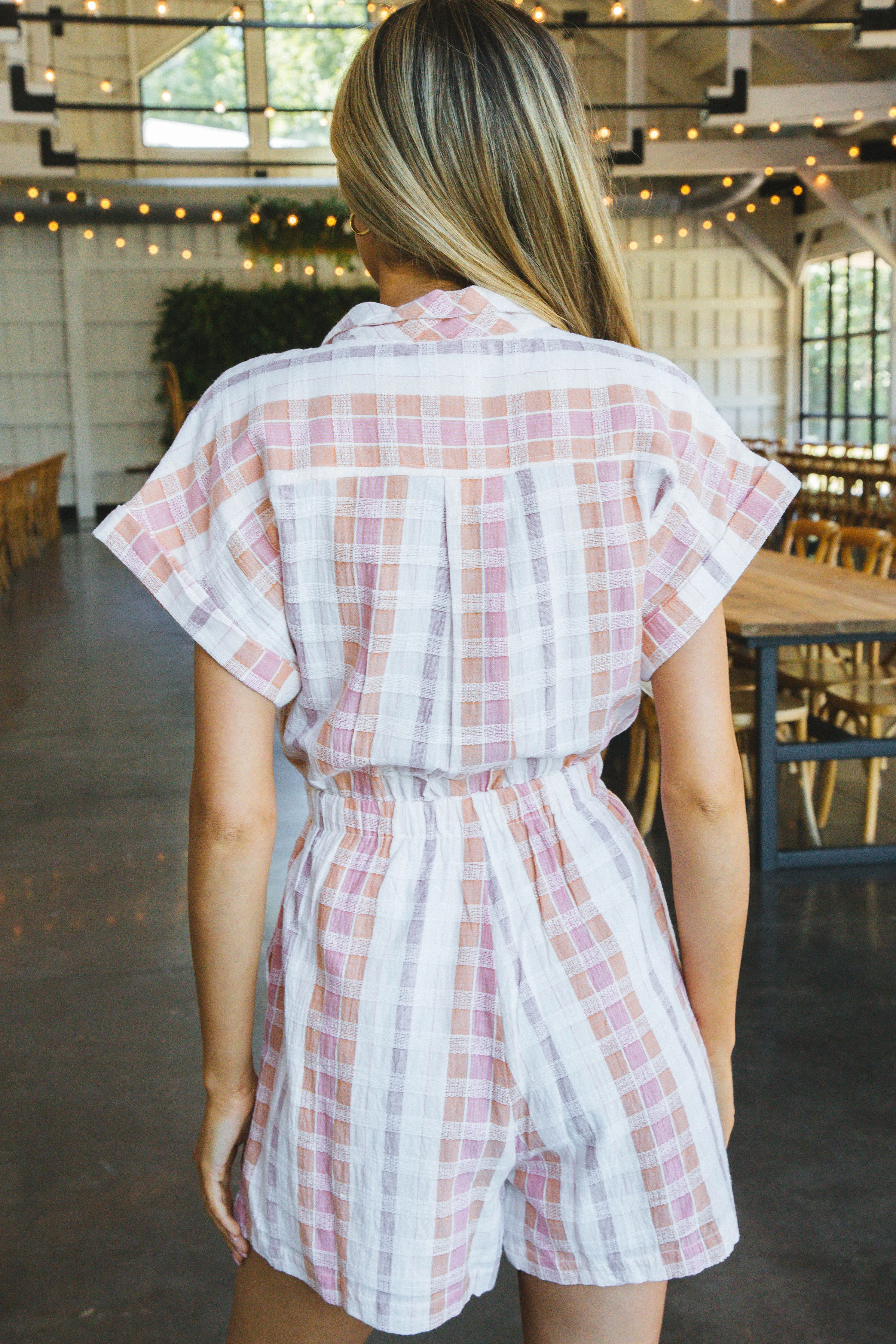 Melanie Drawstring Waist Romper, Peach/White