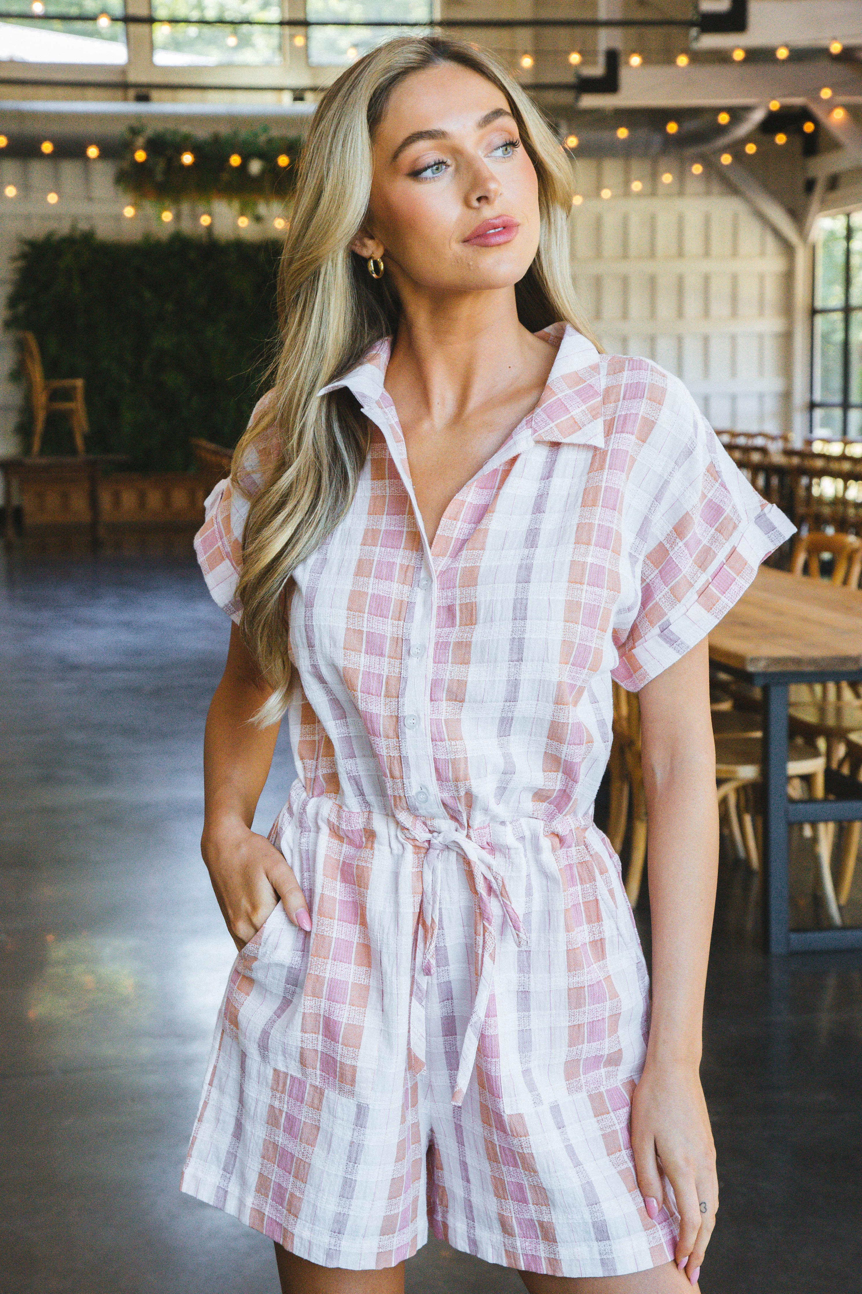 Melanie Drawstring Waist Romper, Peach/White