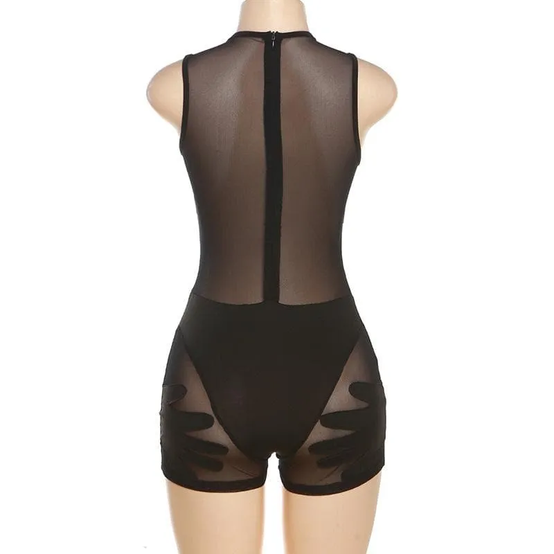Mesh palm embroidered patchwork zip-up sleeveless romper