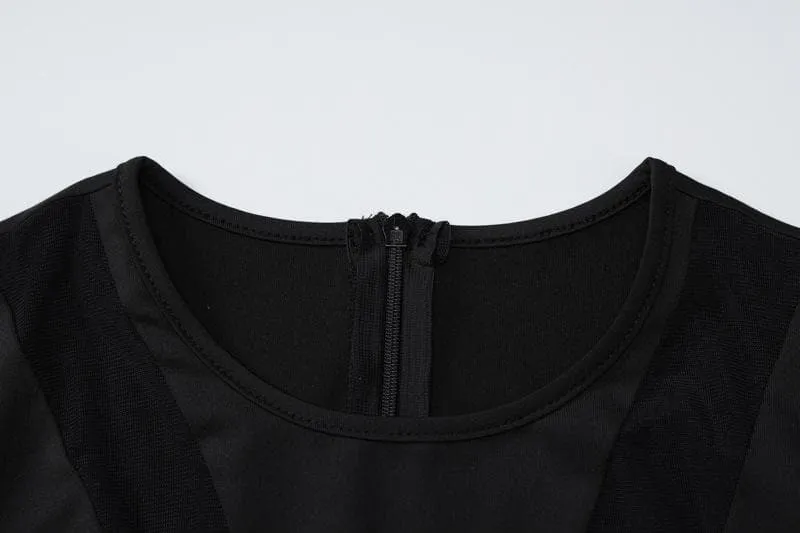 Mesh patchwork long sleeve zip-up ruched romper