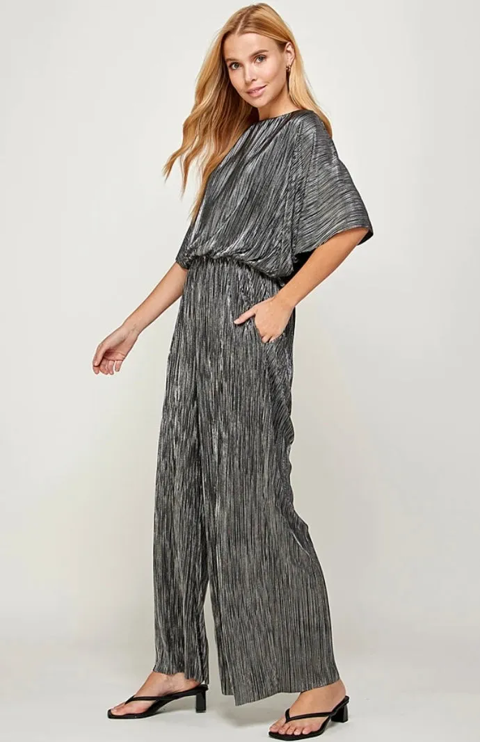 Metallic Pleats Jump Suit - Black and Silver