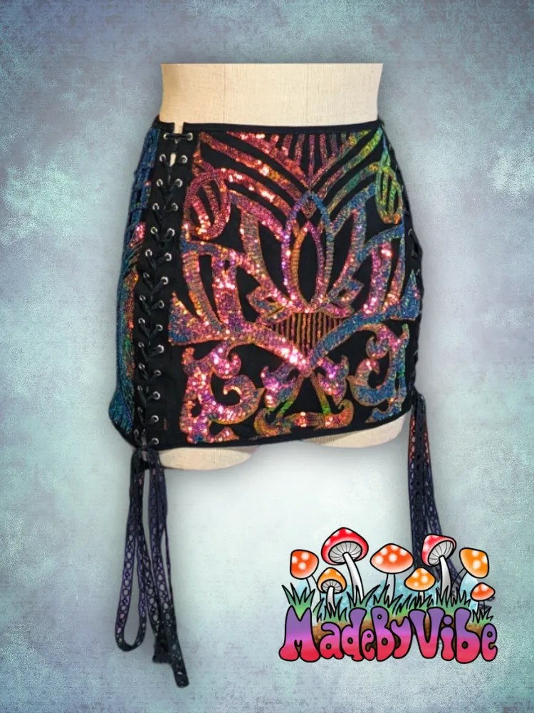 Midnight Aurora Lace Up Sides Mini Pencil Skirt - Ready to Ship