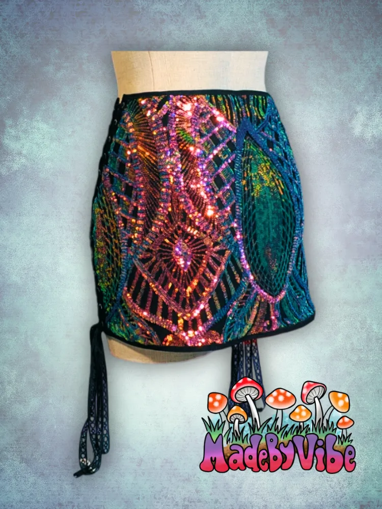Midnight Aurora Lace Up Sides Mini Pencil Skirt - Ready to Ship