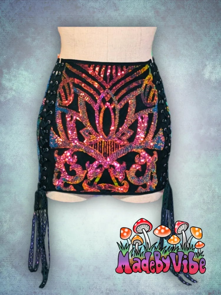 Midnight Aurora Lace Up Sides Mini Pencil Skirt - Ready to Ship