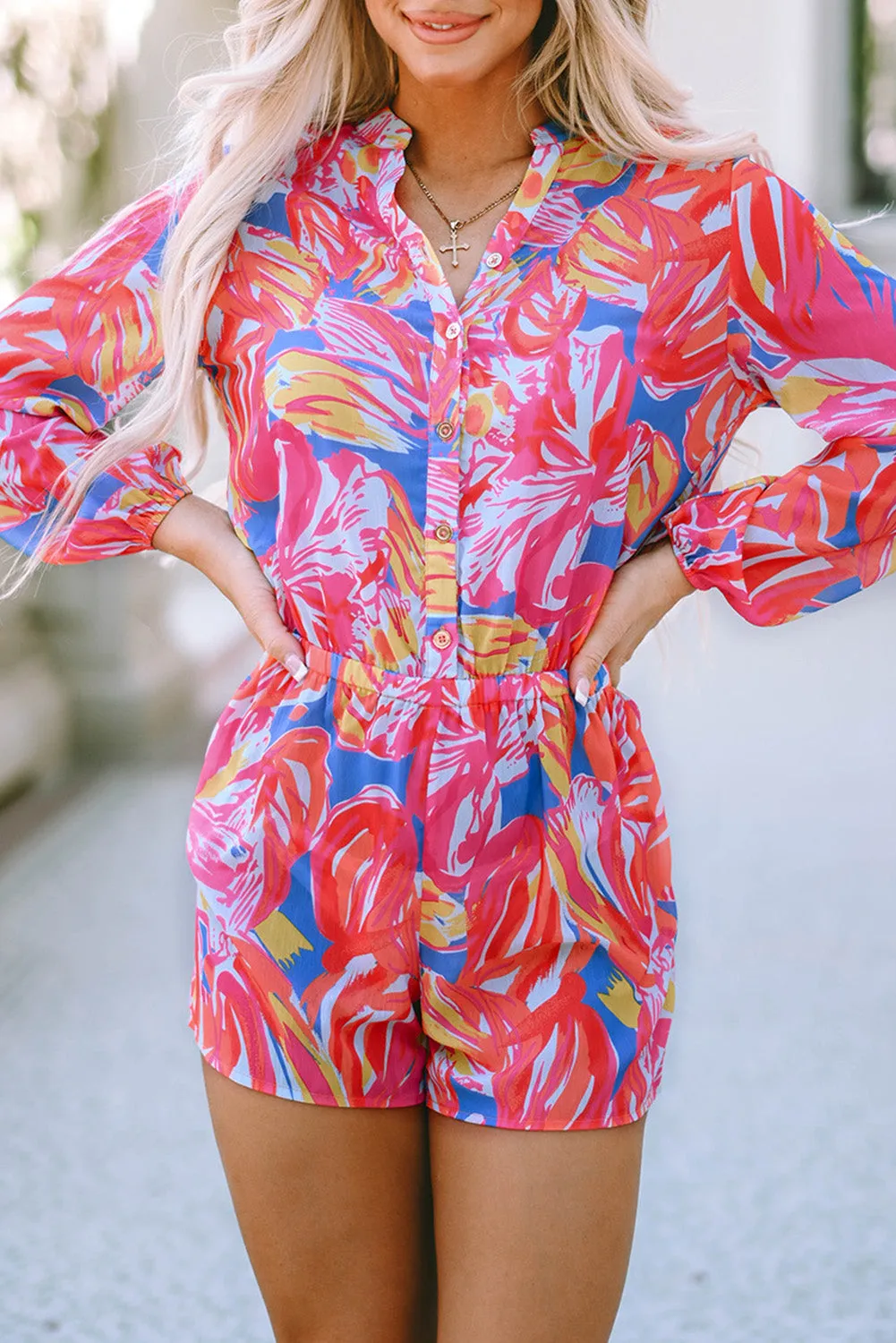 Multicolor Bold Graffiti Print Shirt Button Romper