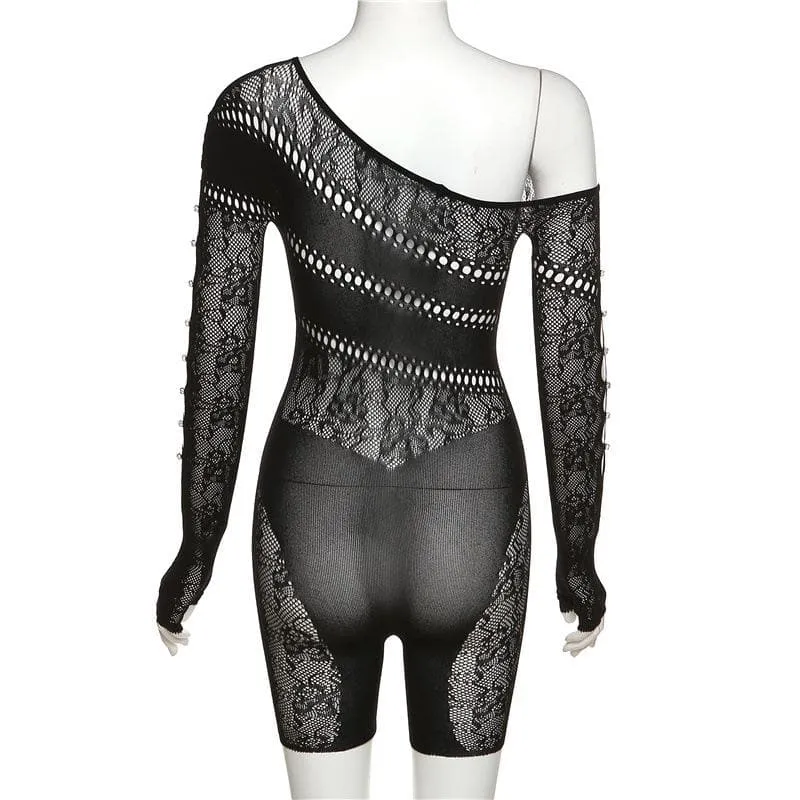 Off shoulder gloves long sleeve lace fishnet button see through romper
