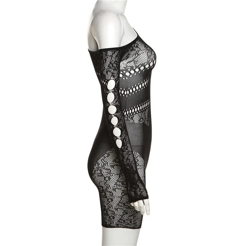 Off shoulder gloves long sleeve lace fishnet button see through romper